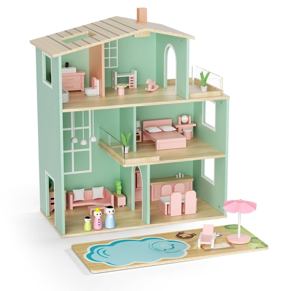 AILEEKISS Dollhouse for Kids with 35 Pieces Furniture Set, 3-Story Dream House with Puzzle Patio, Green