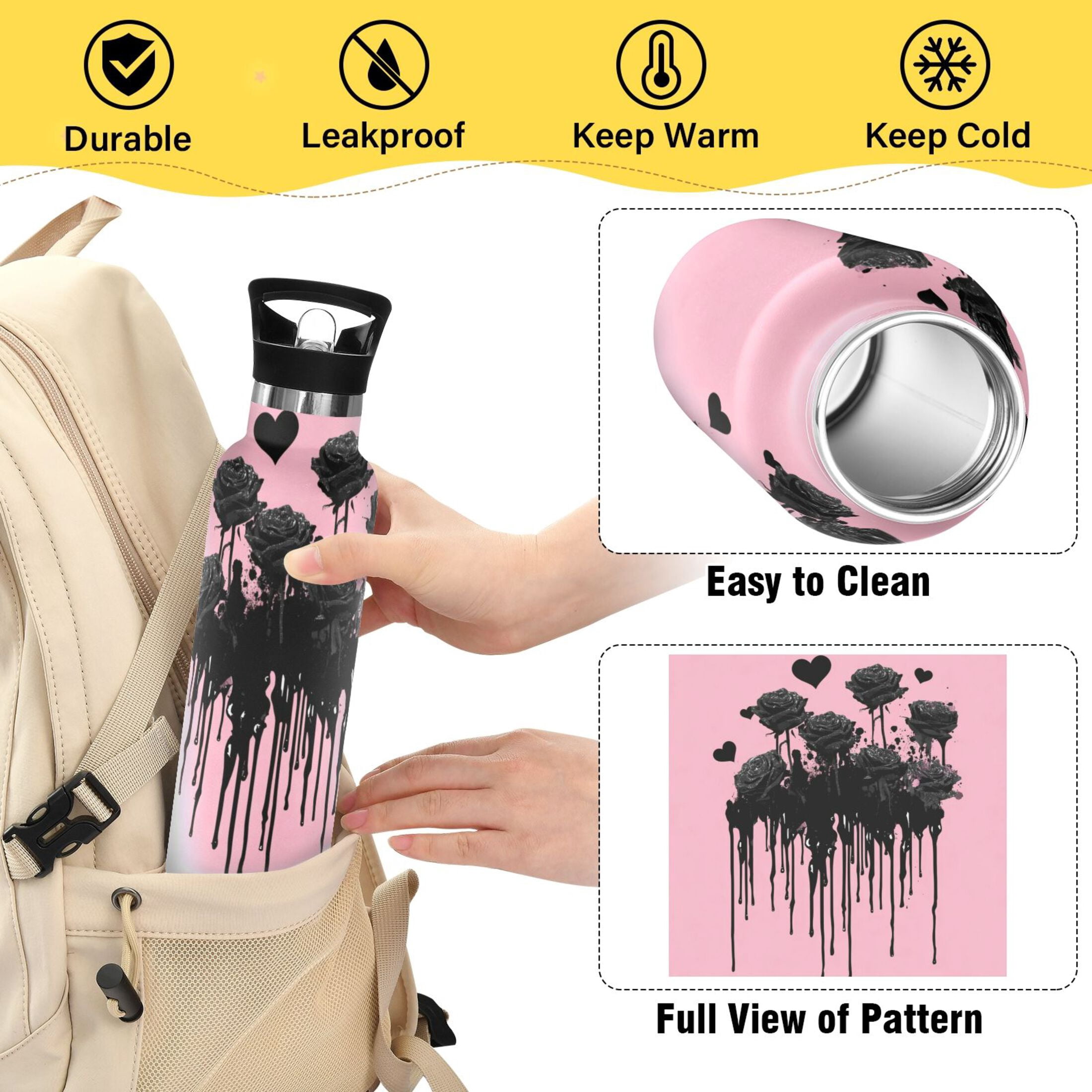 Kids Insulated Stainless Steel Sports Water Bottle 600ml (20oz) Black Roses