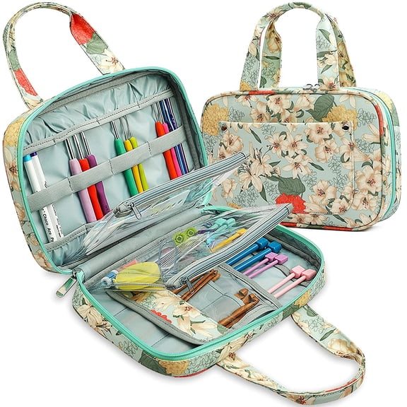 Crochet Hook Case Large Knitting Needle Case with Handle, Crochet Hook Organizer Portable Travel Storage Bag Fits All Ergonomic Crochet Hooks Set, Knitting Needles, Knitting Crochet Supplies