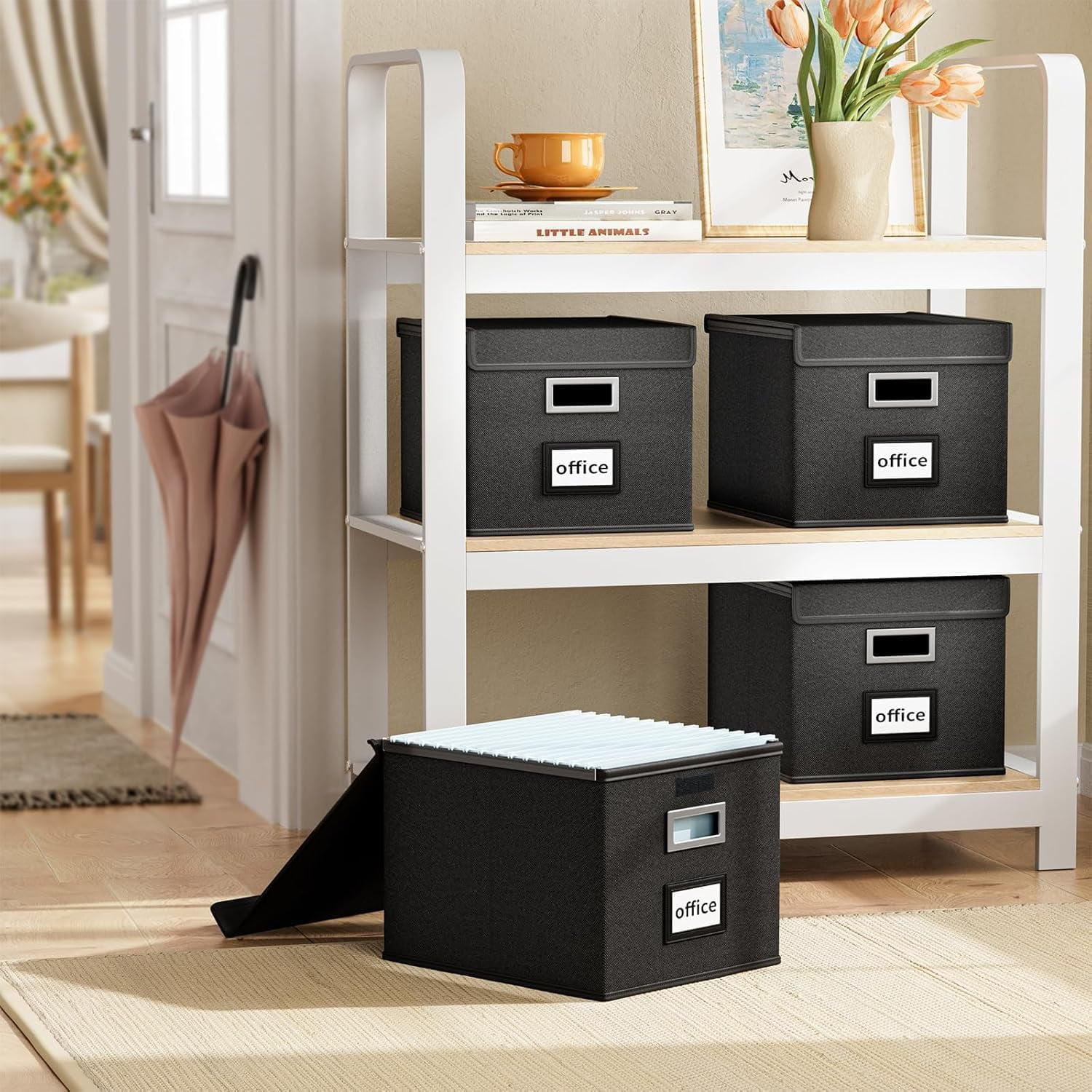 File Organizer Box with Lid, Collapsible Folder for Office Document Storage, Filing Plastic Slide Letter Size Hanging Folders(1 Pack, Black)