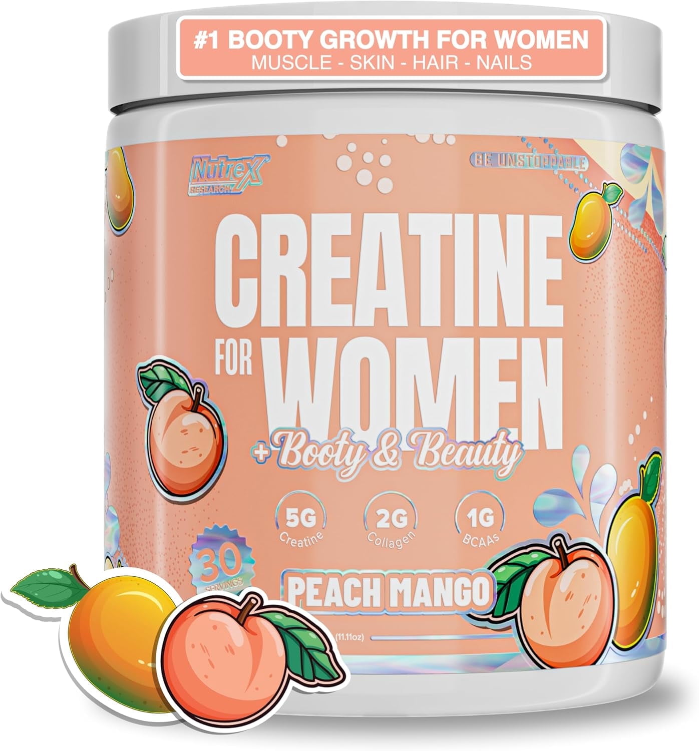 Creatine for Women Booty & Beauty – Peach Mango | 5g Creatine, 2g Collagen, BCAAs & Hyaluronic Acid for Glutes, Strength & Skin Nutrex Research 30 Servings