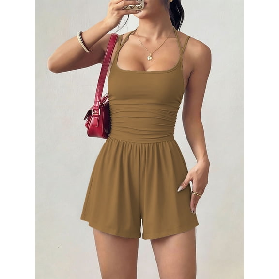 UDAUDU Womens Summer Rompers Casual Knit Spaghetti Strap Sleeveless One Piece Shorts Jumpsuit Beach Vacation Outfits Khaki S