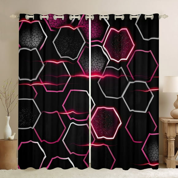 YST Honeycomb Blackout Curtains For Girls, Geometric Hexagon Window Curtains Neon Lights Hexagonal Curtains For Kids, Geometry Beehive Luxury Curtains & Drapes 38"Wx45"L 2 Panels, Pink Black