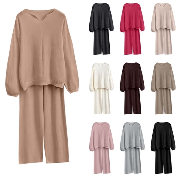 Sentmoon Trendy Outfits for Women 2025 Womens Blouses and High Waisted Dress Pants Oversized Long Sleeve V Neck Women's Travel Outfits Relaxed Solid Color Tshirts for City Sightseeing in Fall