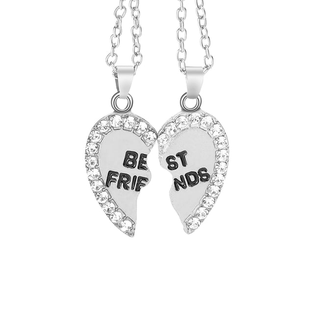 2pcs Per Set Heart Rhinestone Best Necklace Best friends Friends Engraved Pendant Friendship Necklace