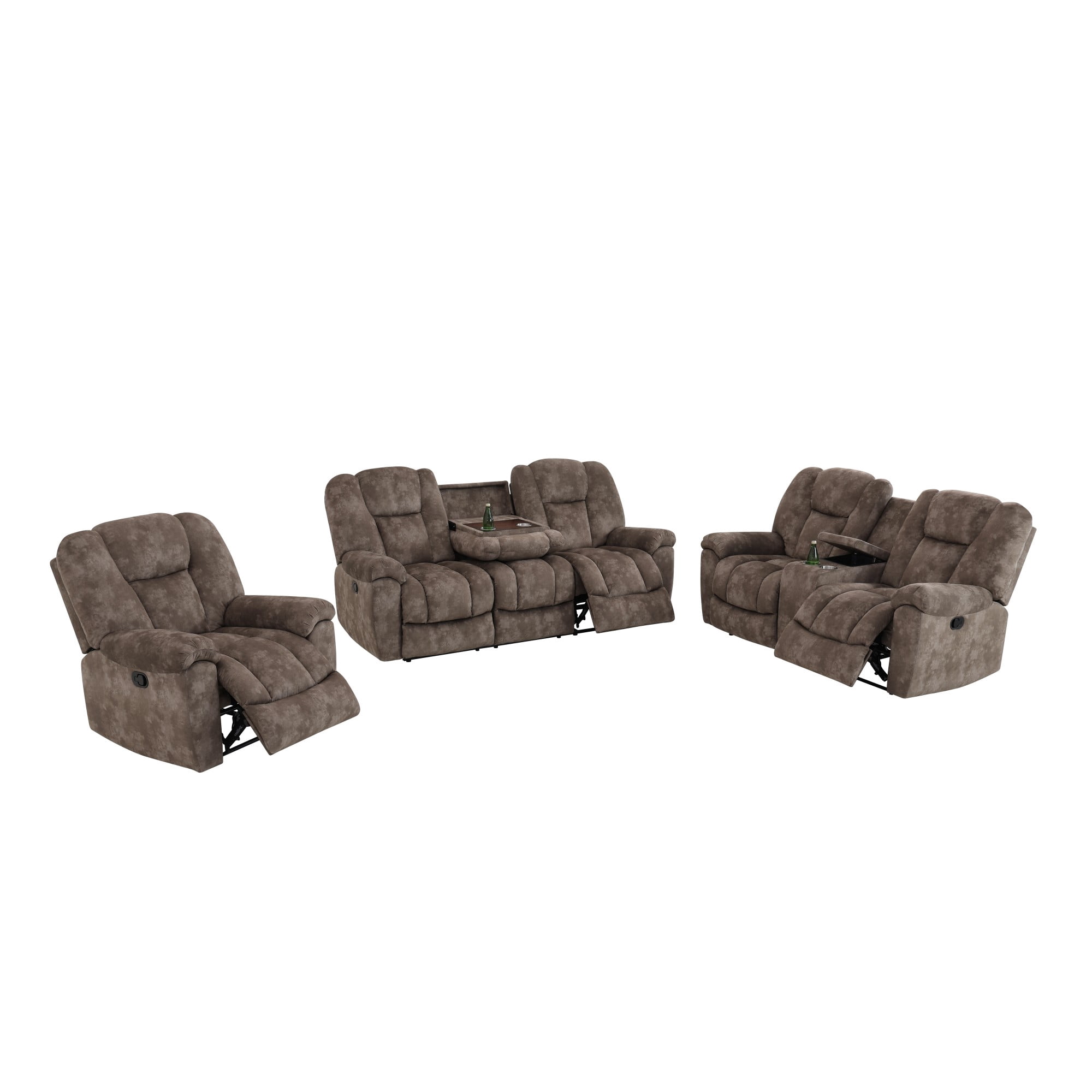 Gewnee 1+2+3‑Piece Manual Recliner Sofa Set, Velvet Upholstered Couch with Flip‑Down Cup Holders & Hidden Storage, Multifunctional Living Room Furniture, Brown
