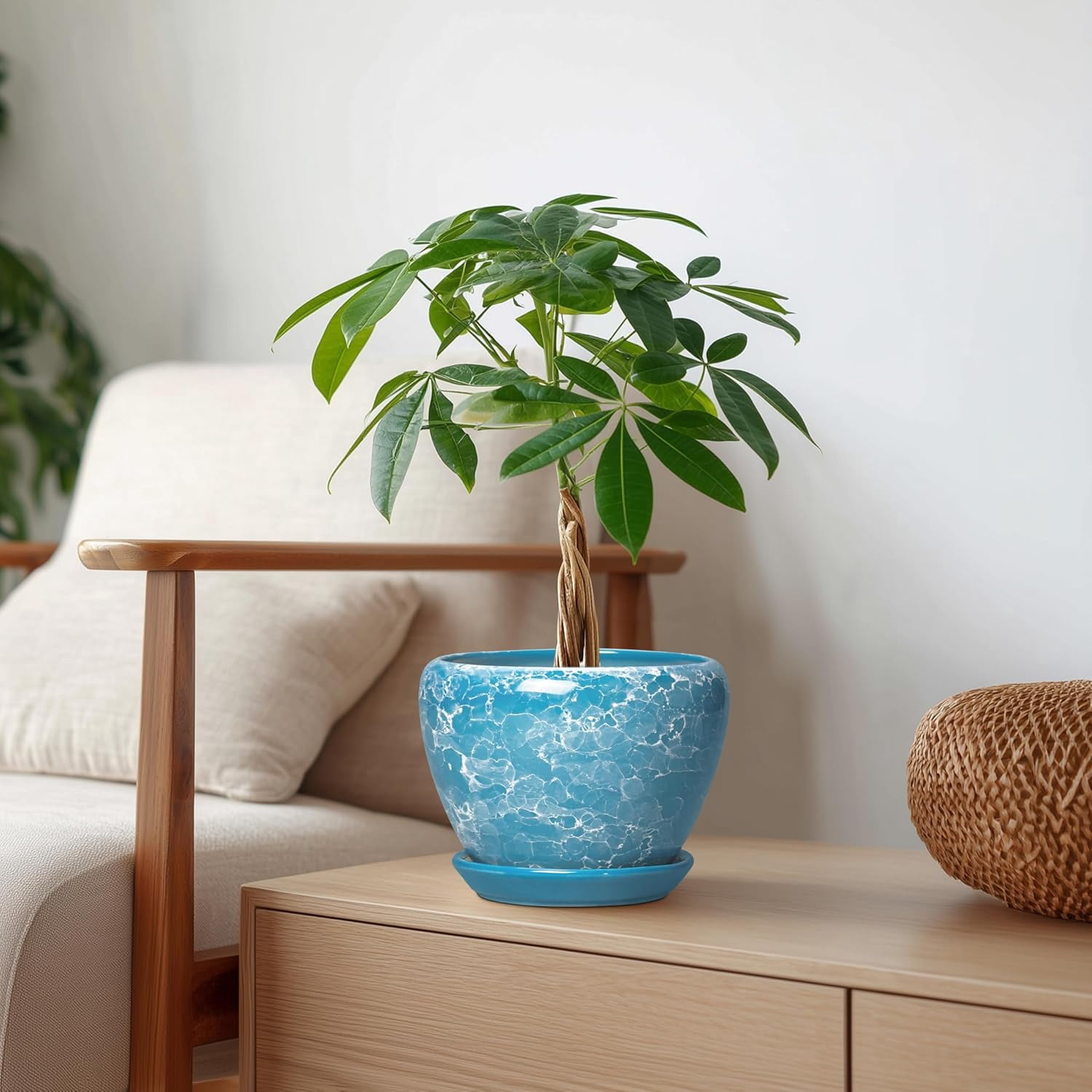 Ceramic Planters for Indoor Plants - 6 Inch Plant Pot with Drainage Hole and Saucer, Round Plant Pots, Modern Decorative Succulent Planter, Desk Decor, Gifts for Plant Lovers, Bubble Blue