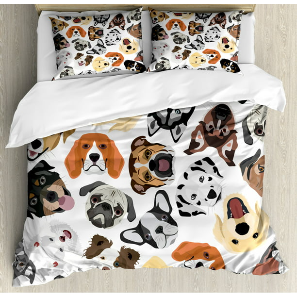 Dogs Duvet Cover Set Queen Size Graphic Faces Of Various