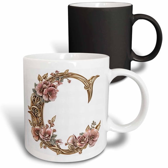 3drose, Pink and Image of Gold Floral Monogram Initial C, 11oz Magic Transforming Mug