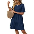 thumbnail image 3 of Women'S Summer Dresses 2025 Puff Sleeve Crew Neck High Waist Smocked A-Line Flowy Loose Fit Midi Dress Navy Blue L, 3 of 9