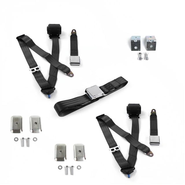 Chevy Impala 1965-1970 Avion 3 Points Noir Rétractable Ceinture de Sécurité Kit avec Bracketry - 3 Ceintures