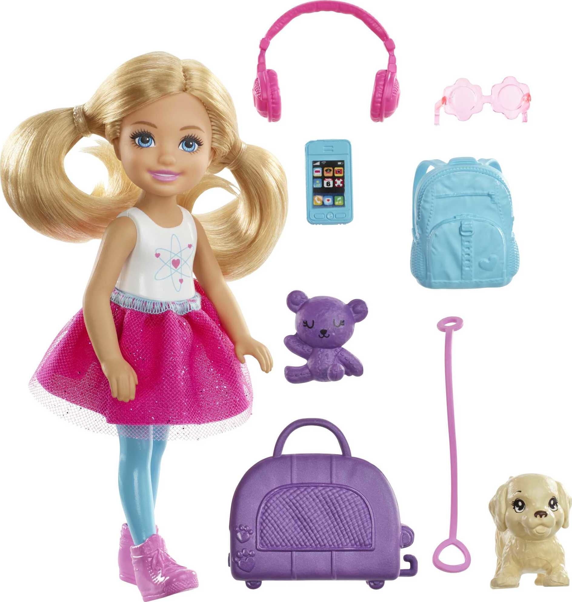 Barbie Chelsea Travel Doll, Blonde, with Puppy, Carrier & Accessories, for 3 to 7 Year Olds