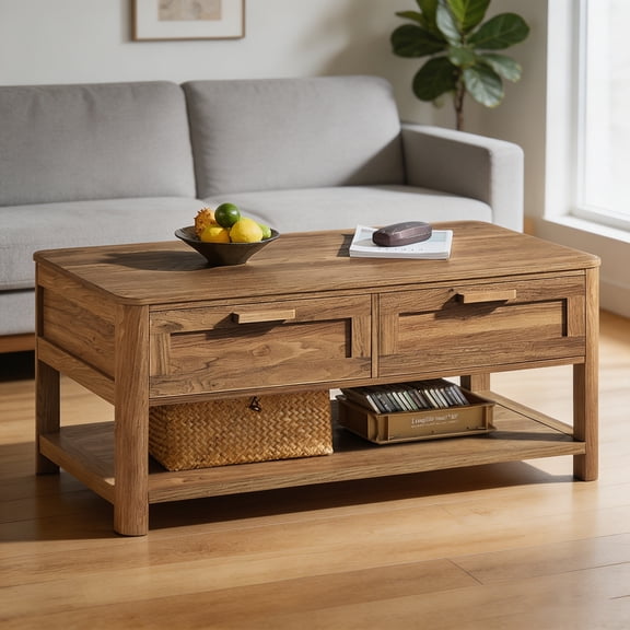JOAXSWE Farmhouse Coffee Table with Storage, Rectangle Living Room Table with 2 Large Drawers and Open Shelving, Rounded Corners, Brown