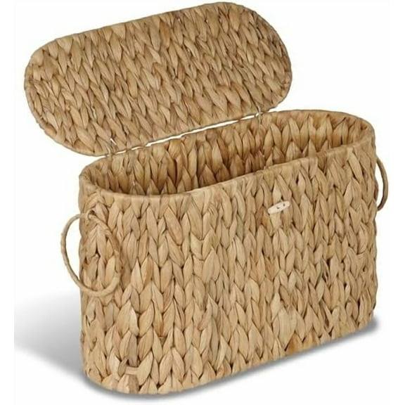 Toilet Paper Storage Basket, Water Hyacinth Slim Toilet Paper Holder with Lid- Holds Up to 9 Mega Rolls, Home Bathroom Decor Organizer