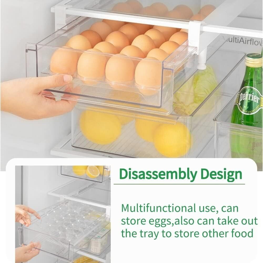 Fridge 28 Egg Drawer Pull Out,Clear Egg Holder Tray for Refrigerator With Handle, Refrigerator Organizer Bins Heavy Duty