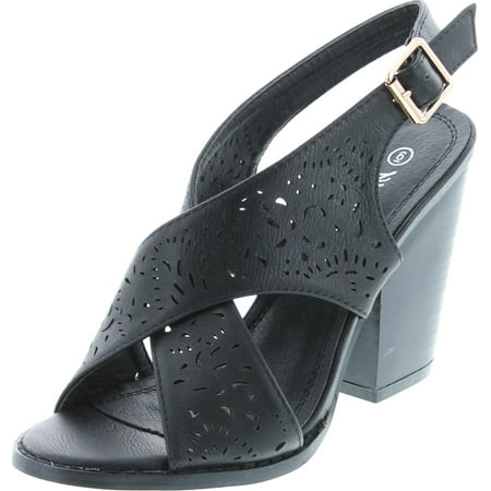 

Nature Breeze Webber-04 Women s Leatherette Block Chunky Heel Open Toe Caged Ankle Booties Sandals Black PU 8.5