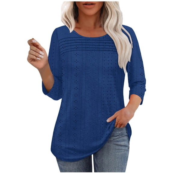 Karight Women's Solid Color 3/4 Sleeve Leisure And Comfortable Round-Neck T-shirt