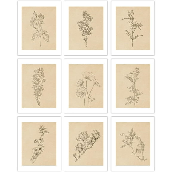Botanical Flower Wall Art Unframed Canvas Prints 9PCS Vintage Plants Boho Minimalist Floral Panting Artwork Neutral Decor