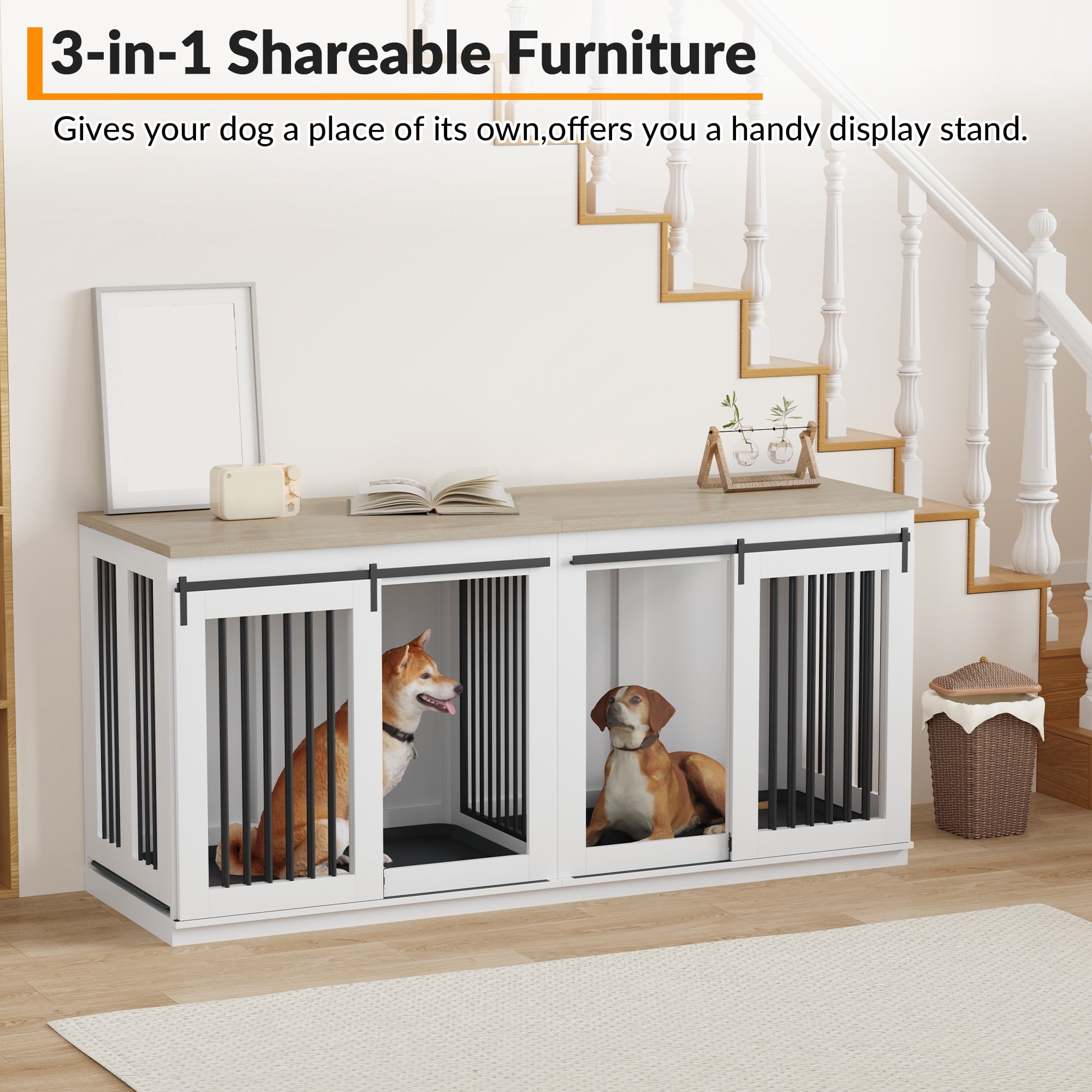 BouPower Dog Crate,Heavy Duty Dog Kennel Furniture For Small Medium Large Dogs,Double-Dog Indoor Wooden Dog Crate Furniture,Anti Escape Dog Cage,Tv Stand,Large Dog Crate Furniture