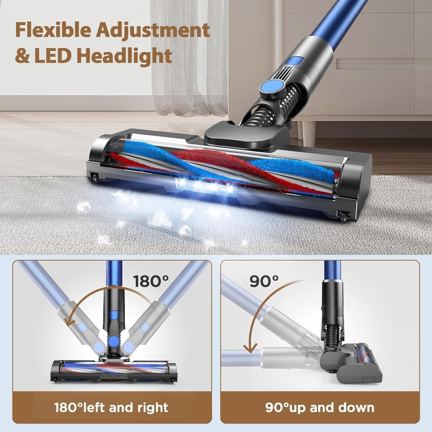 80,000PRM Cordless Vacuum Cleaners for Home, Powerful Vacuum with 2200mAH Battery up to 35 Mins Runtime, 2 Adjustable Modes and Tube Height, Detachable Parts Cordless Stick Vacuum (Sea Blue)