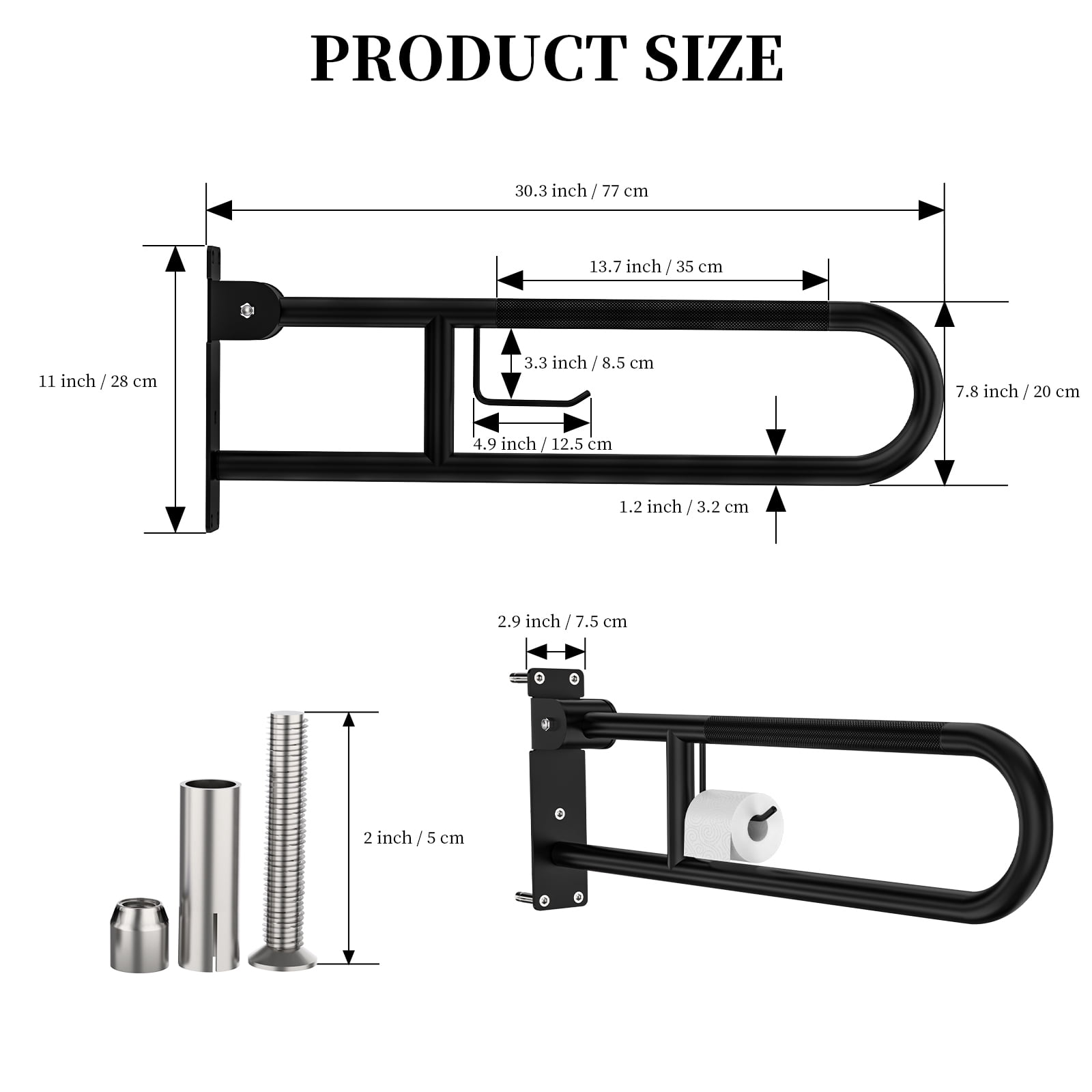 Toilet Grab Bar 30.3 Inch, ZUEXT U Shaped Anti-Slip Black Support Rail, Flip-Up Bathroom Grab Bar with Paper Holder, Stainless Steel Knurled Handicap Safety handrails for Elderly Disabled Pregnant