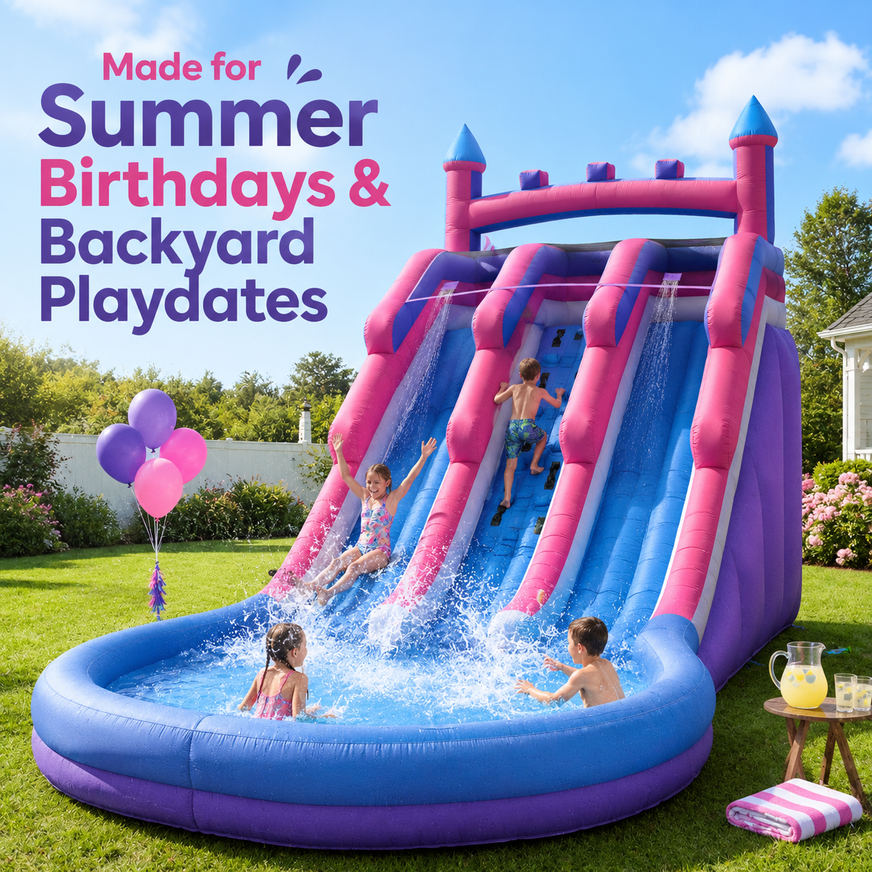 20FT Inflatable Kids Water Slide with Dual Lanes, Climbing Wall & Splash Pool – Backyard Fun for Kids, Fits Up to 6 Children (Purple & Pink)