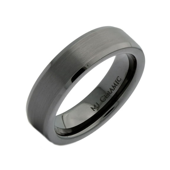 Black Ceramic 6mm Brushed Center Recessed Polished Edge Wedding Band Ring