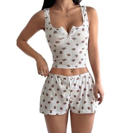Osfvolr Women Printed Camisole Pajama Set Print Sleeveless Sleepwear Short PJ Set with Shorts Cream White S