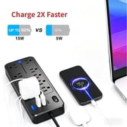 Larmtek 10-Outlet Surge Protector Power Strip with 4 USB Ports - 15 ft Extension Cord, Plug & Computer Safe,Black