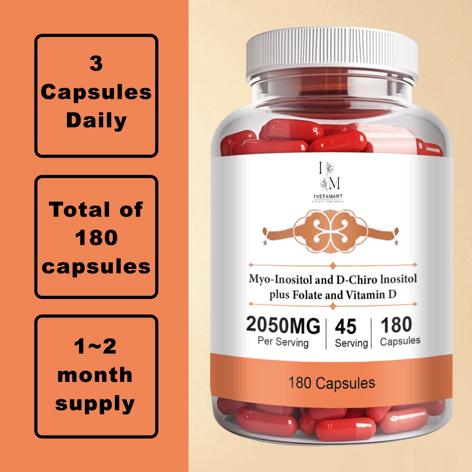 INSTAMART Myo-Inositol & D-Chiro Inositol Supplement for Women | 2050mg, Balanced 40:1 Ratio | Plus Folate & Vitamin D for Hormonal Balance, Regular Cycles & Ovarian Health | 180 Vegetarian Capsules