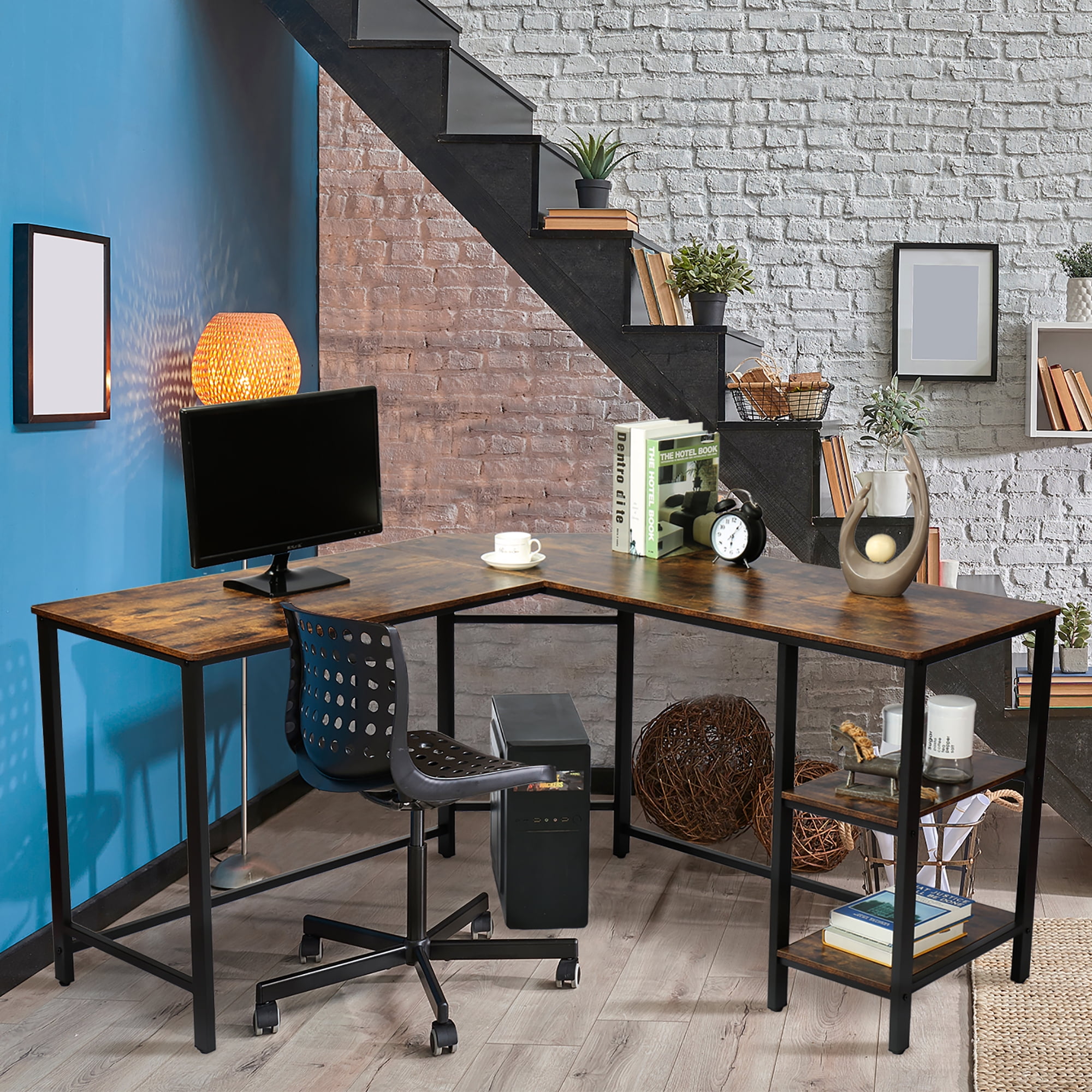 LShaped Computer Desk with 2Tier Storage Shelves, 54.3'' Modern