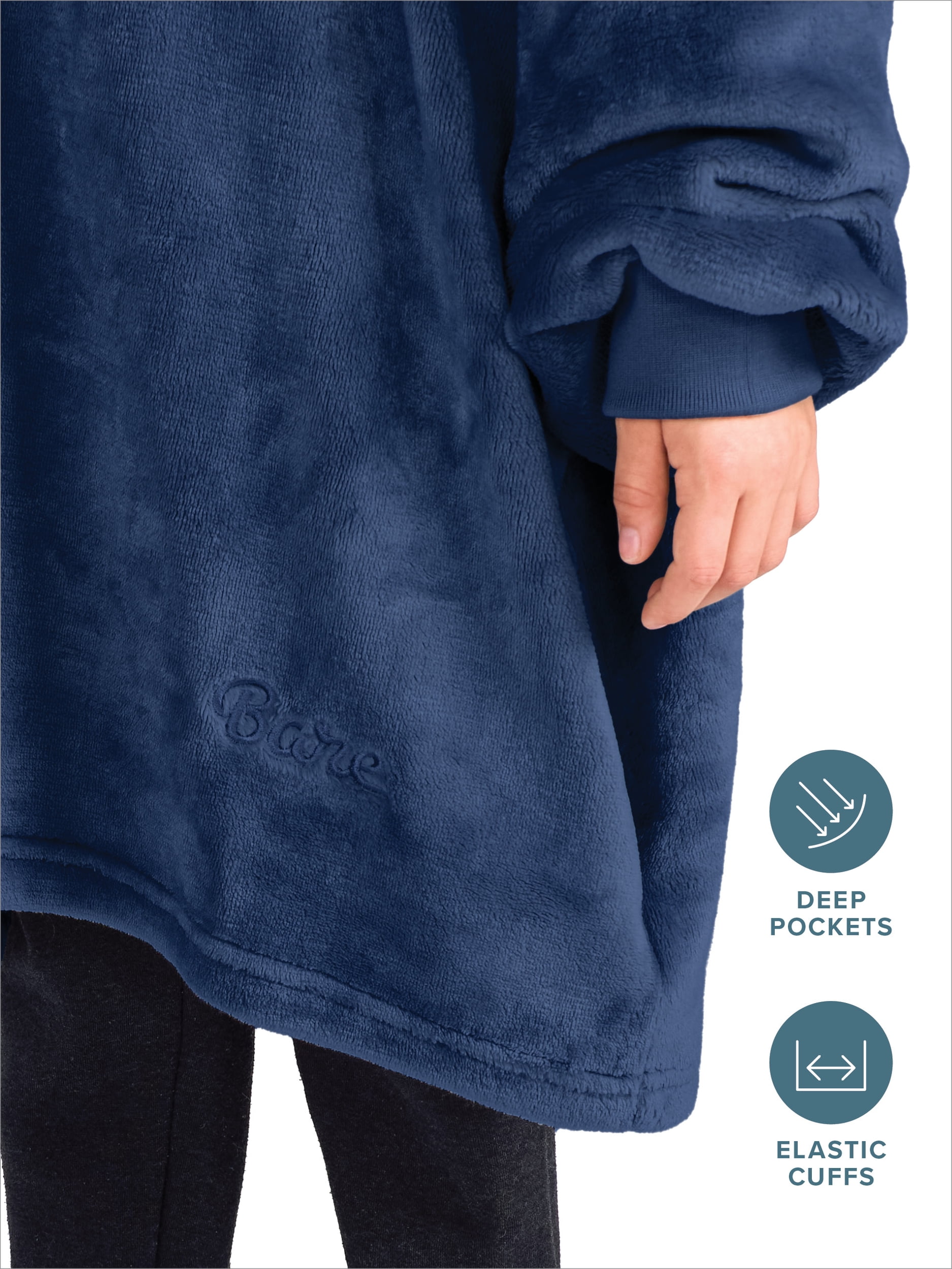 Bare Homey Kids Size Microplush Wearable Blanket - Side Pockets - Warm - Velvety Soft, Dark Blue