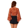 thumbnail image 5 of Women's Floral Print Boho Blouse - Deep V-Neck, Ruffled Crop Top with Bow Tie & Bell Sleeves, 5 of 7