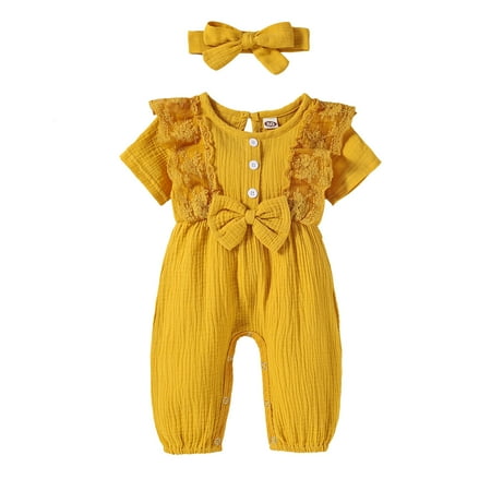 

Cotton Baby Jumpsuit Outfits Romper Lace Boys Bow Girls Headband Linen Girls Romper&Jumpsuit