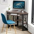 thumbnail image 2 of VECELO Corner Computer Desk with Keyboard Tray and Storage Shelf, Home Office Study Workstation Table , Dark Brown, 2 of 7