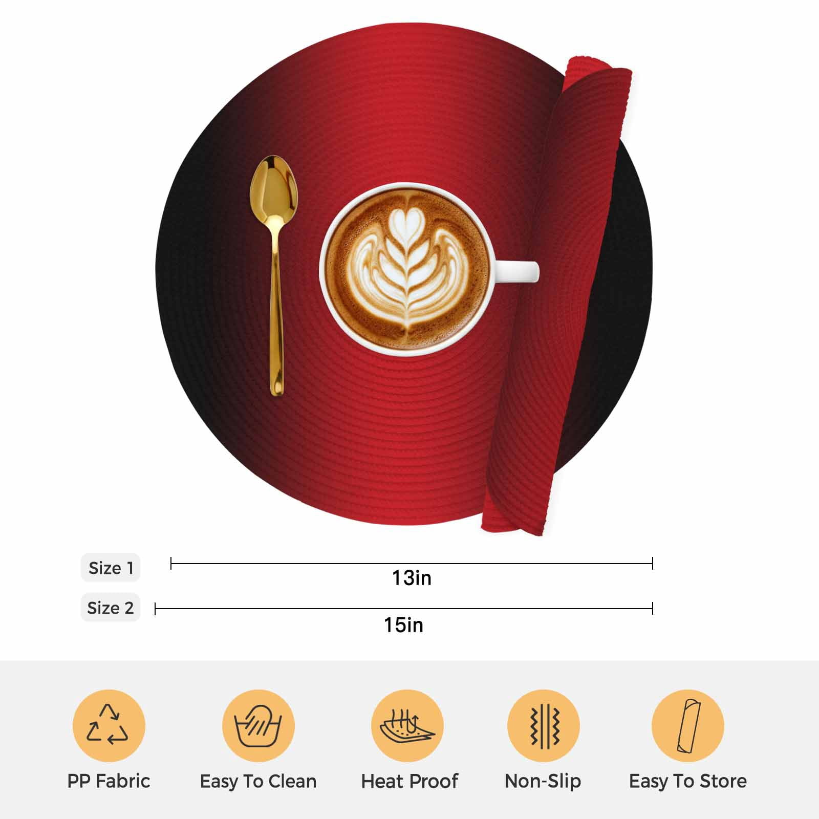 Black Red Ombre Round 13 Inch Placemats Set of 6, Modern Art Abstract Aesthetics HeatResistant Non Slip Place Mats for Dining Table, Wipeable Braided Kitchen Table Mats for Housewarming