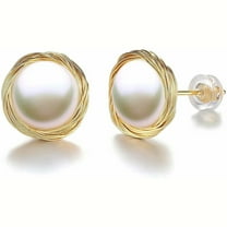 10mm Freshwater Cultured Pearl Stud Earrings with Golden Plated Wire Loop, Hypoallergenic 925 Sterling Silver Earrings for Women