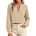 thumbnail image 2 of thefmos Women's Zip Up Long Sleeve Cropped Sweatshirt Solid Color Casual Lightweight Top Trendy Spring Fall Clothes, Khaki L, 2 of 6