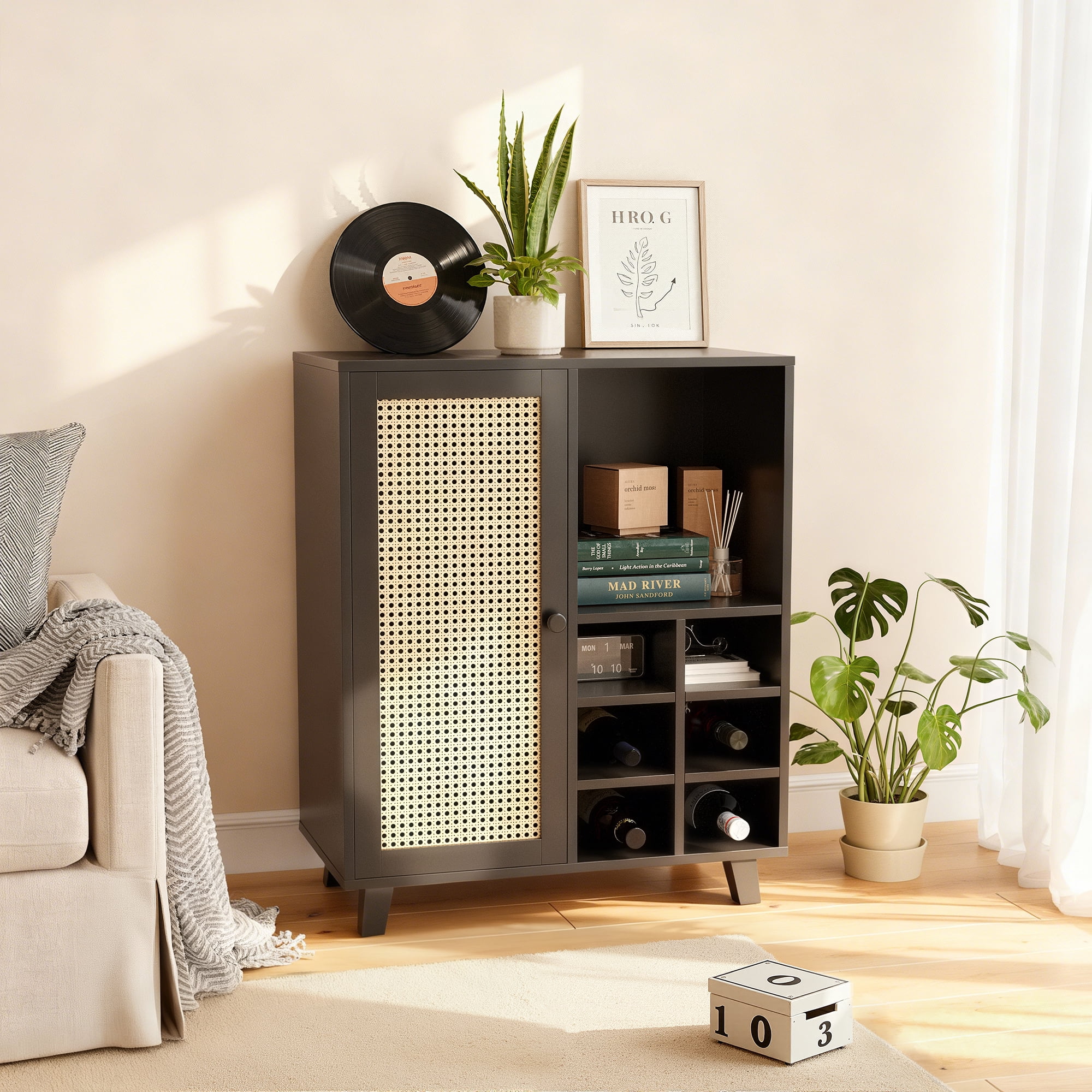 MAYEERTY Rattan Sideboard Cabinet with Wine Racks, Versatile Storage for Kitchen & Entryway, Black