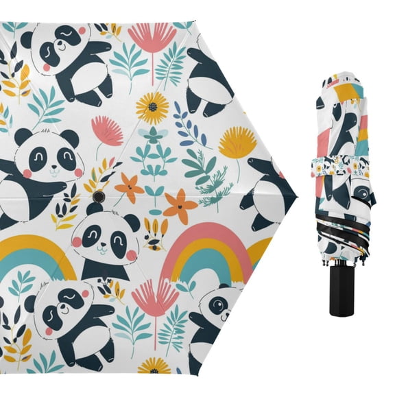 Cute Panda and Flower Compact Sun Umbrella Windproof Travel Umbrellas for Rain Strong Portable UV Protection
