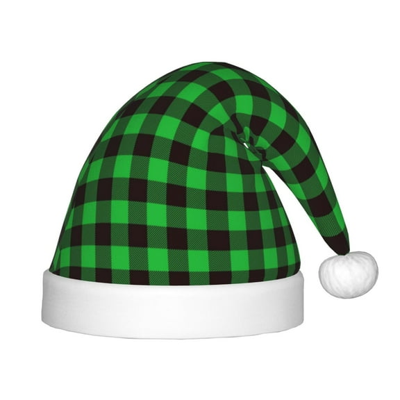 Fuzoiu Buffalo Plaid Green Black Print Santa Hat Christmas Hat for kids,Santa Hats with Pompom, Unisex Xmas Holiday Hat for Christmas New Year Festive Party Supplies