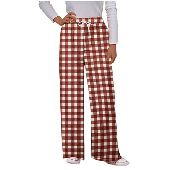 Lenpel Women's Wide Leg Pants Baggy Elastic High Waisted Drawstring Plaid Workout Lounge Pants Casual Loose Sweatpants
