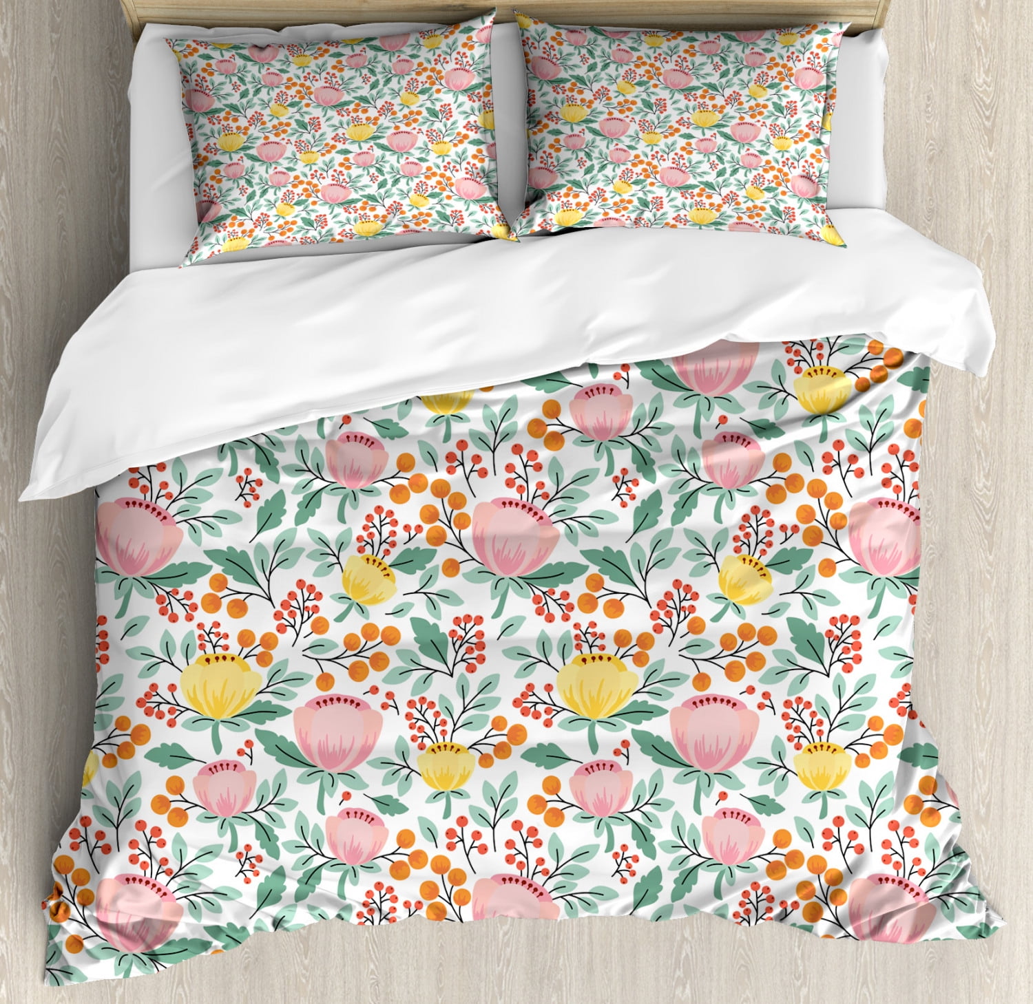 Floral Duvet Cover Set Queen Size, Romantic Colorful Rowan Berries