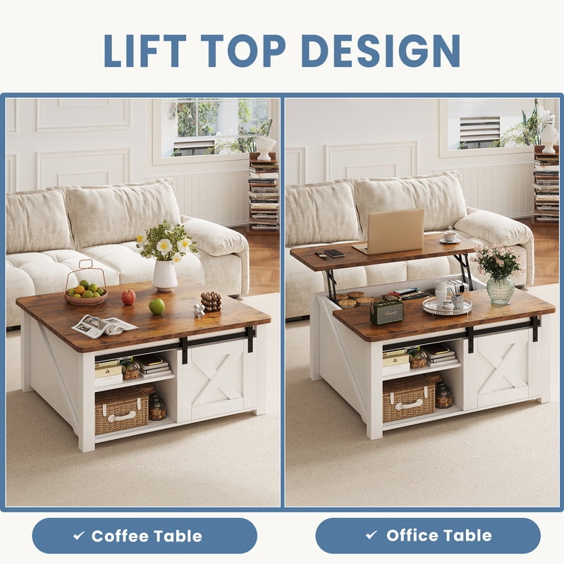 Gianna Lift Top Coffee Table with Large Hidden Storage, Adjustable Shelves, White-new