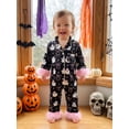 thumbnail image 3 of Cjfdfy Newborn Baby Girls Halloween Silk Romper Pajamas Pumpkin Ghost Print Fuzzy Trim Long Sleeve Satin Jumpsuit Cute Newborn Halloween Fall Winter Nightgown Clothes, 3 of 9