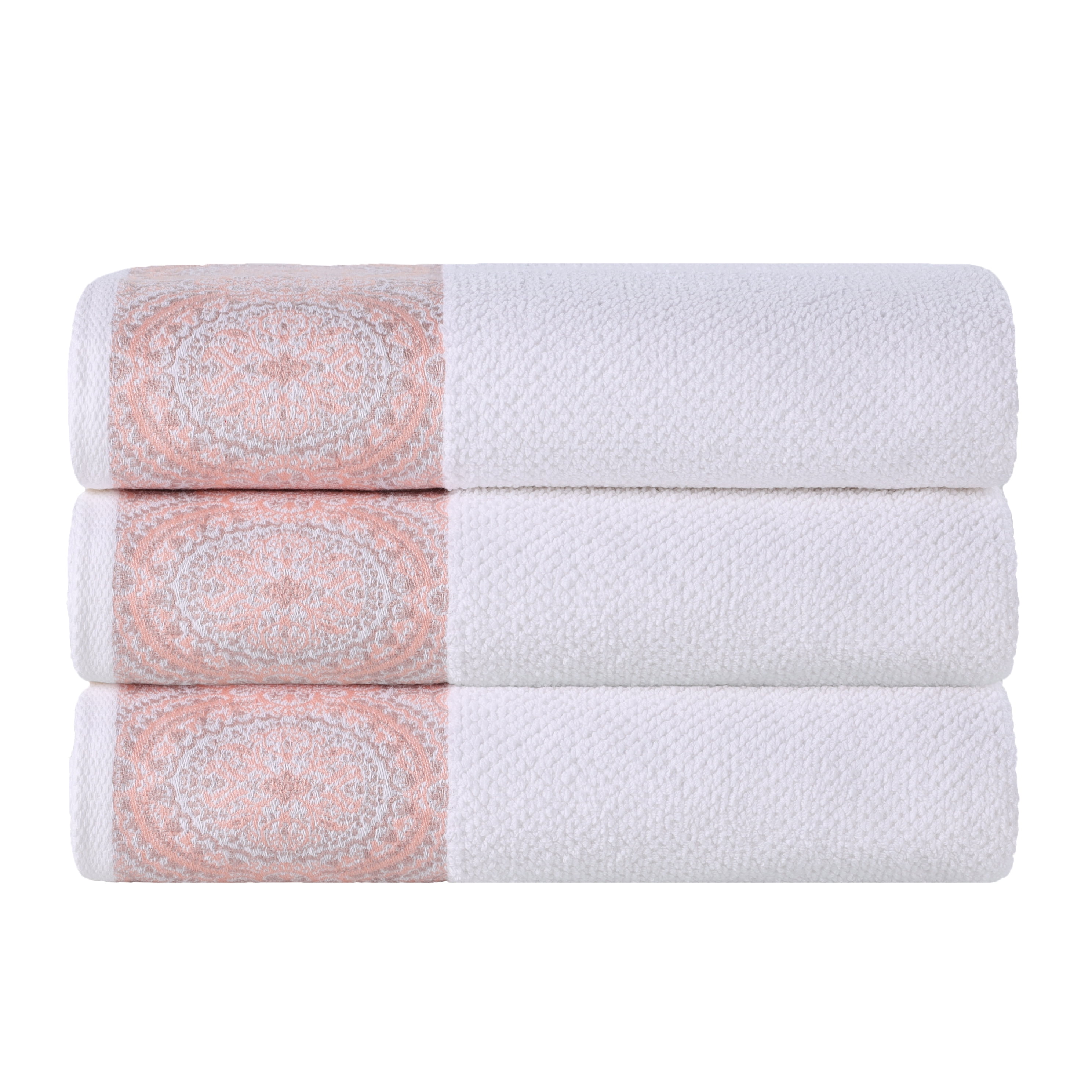 Superior Medallion Cotton Bath Towels, Set of 3, White/ Emberglow