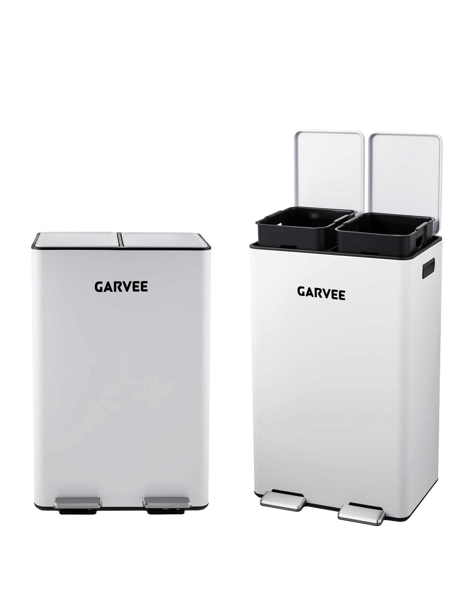 Dual Trash Can 16 Gallon 60L Stainless Steel Garbage and Recycling Can with Foot Pedal for Kitchen, Living Room, Office, Removable Inner Buckets Soft Close Lid Odor Proof, Garbage sorting