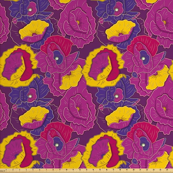 Floral Sofa Upholstery Fabric by the Yard, Energetic Vivid Cartoon Style Illustration of Repetitive Cheerful Flowers Print, Decorative Fabric for DIY and Home Accents, Multicolor by Ambesonne