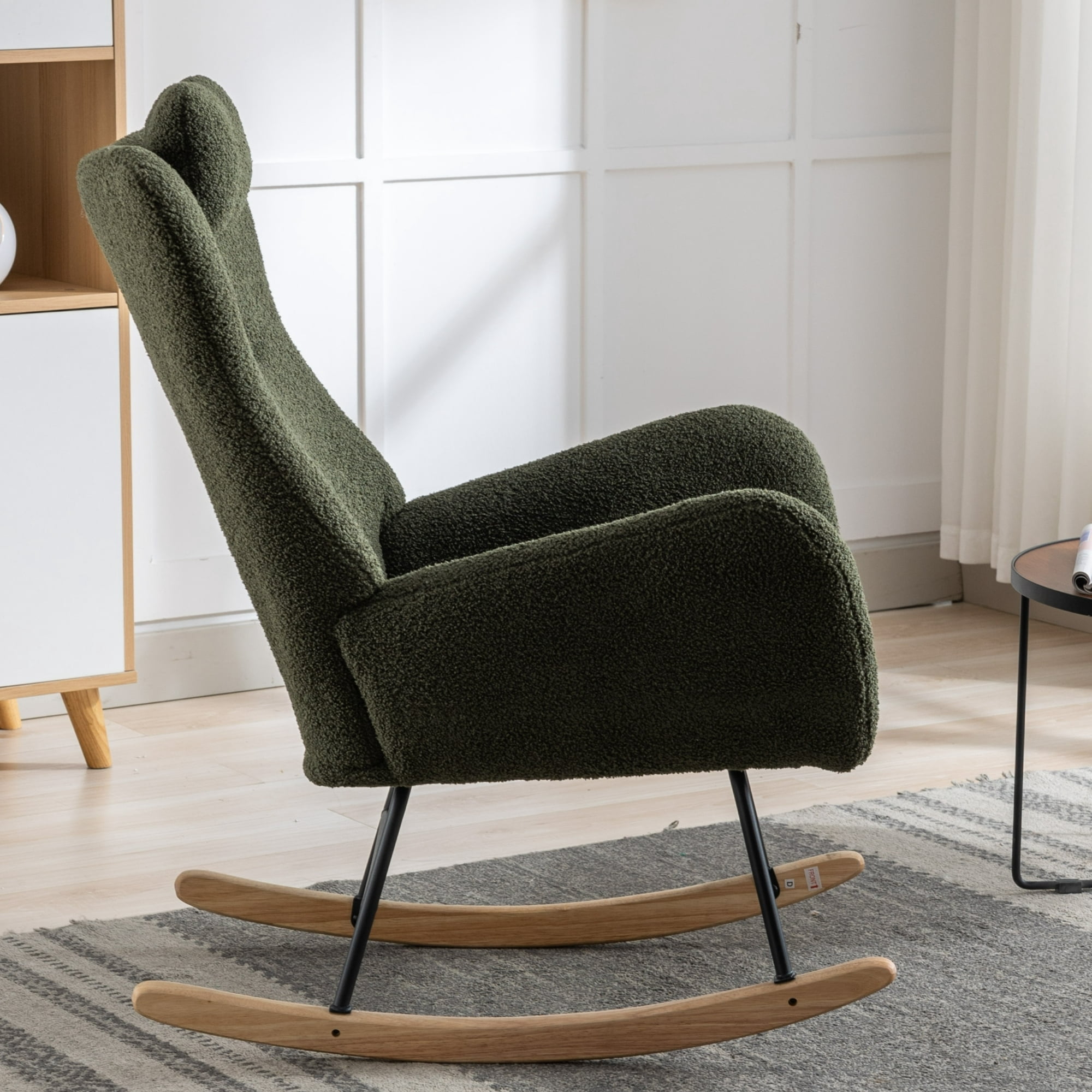 Leumius Nursery Rocking Chair, 35.5" Teddy Fabric Upholstered Glider Rocker with High Backrest, Modern Rocking Accent Chairs Comfy Side Chair for Nursery, Bedroom, Living Room,Dark Green