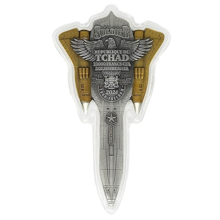2024 Chad 2 oz Silver Fighter Jet Gilded Shaped Coin .999 Fine
